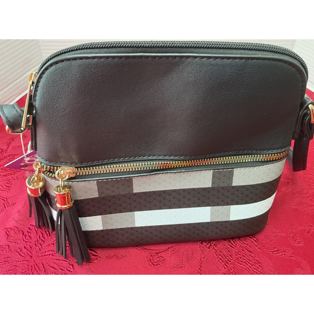 New Vegan Leather Plaid Crossbody Bag Black Grey White Tassel Dome Purse